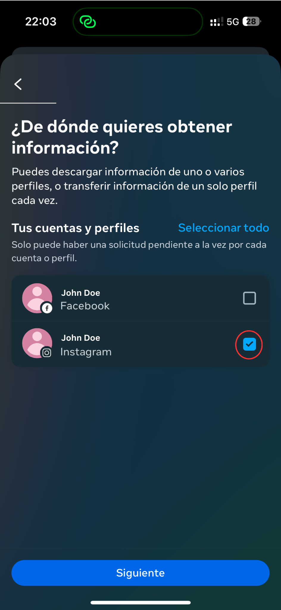 Elige tu cuenta de Instagram entre las opciones disponibles.