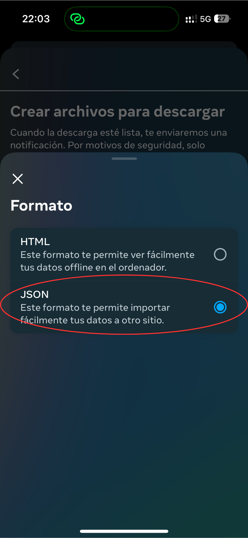 Selecciona JSON como formato.