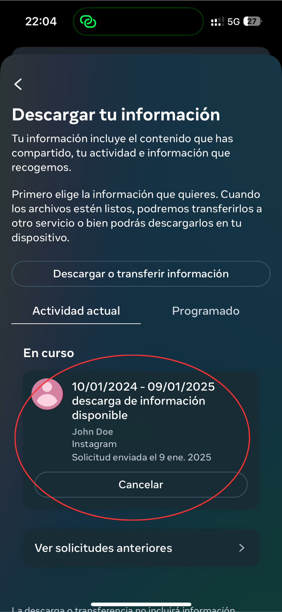 Solicitud de descarga en curso.
